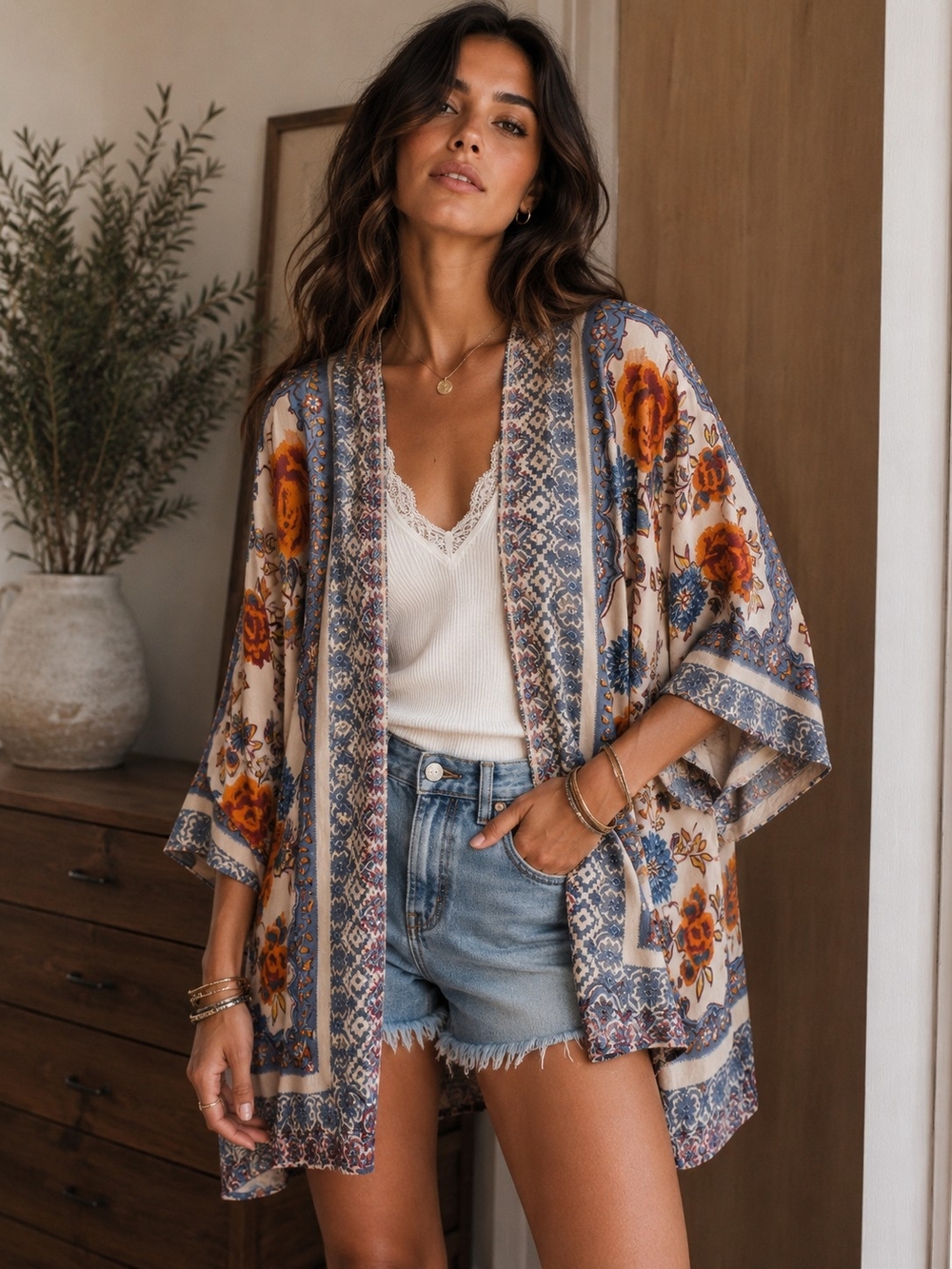 Floral Boho Kimono Cover-Up in Cream and Blue